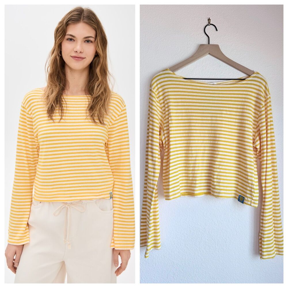 NWT MOTHER The Skipper Bell Long Sleeve Tee Striped Cropped Top Yellow Size M